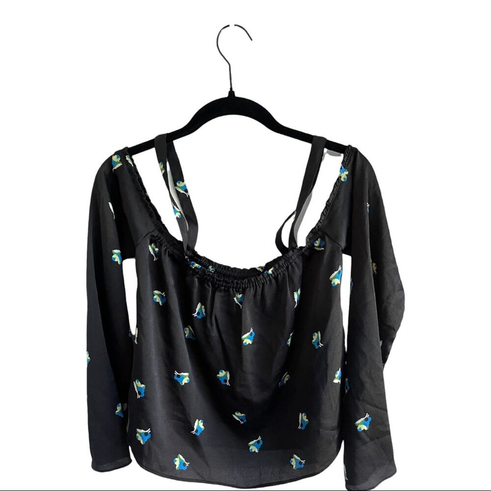 Urban Outfitters Bird Print Off Shoulder Top Size Small Black Blue